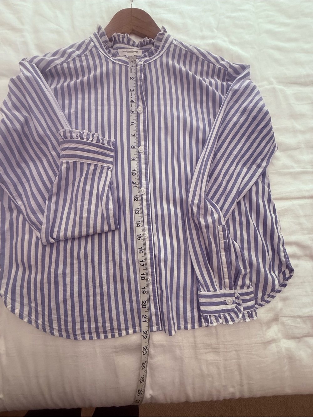 beachlunchlounge Blue and White Striped Ruffle Collar Shirt - Picture 4 of 7